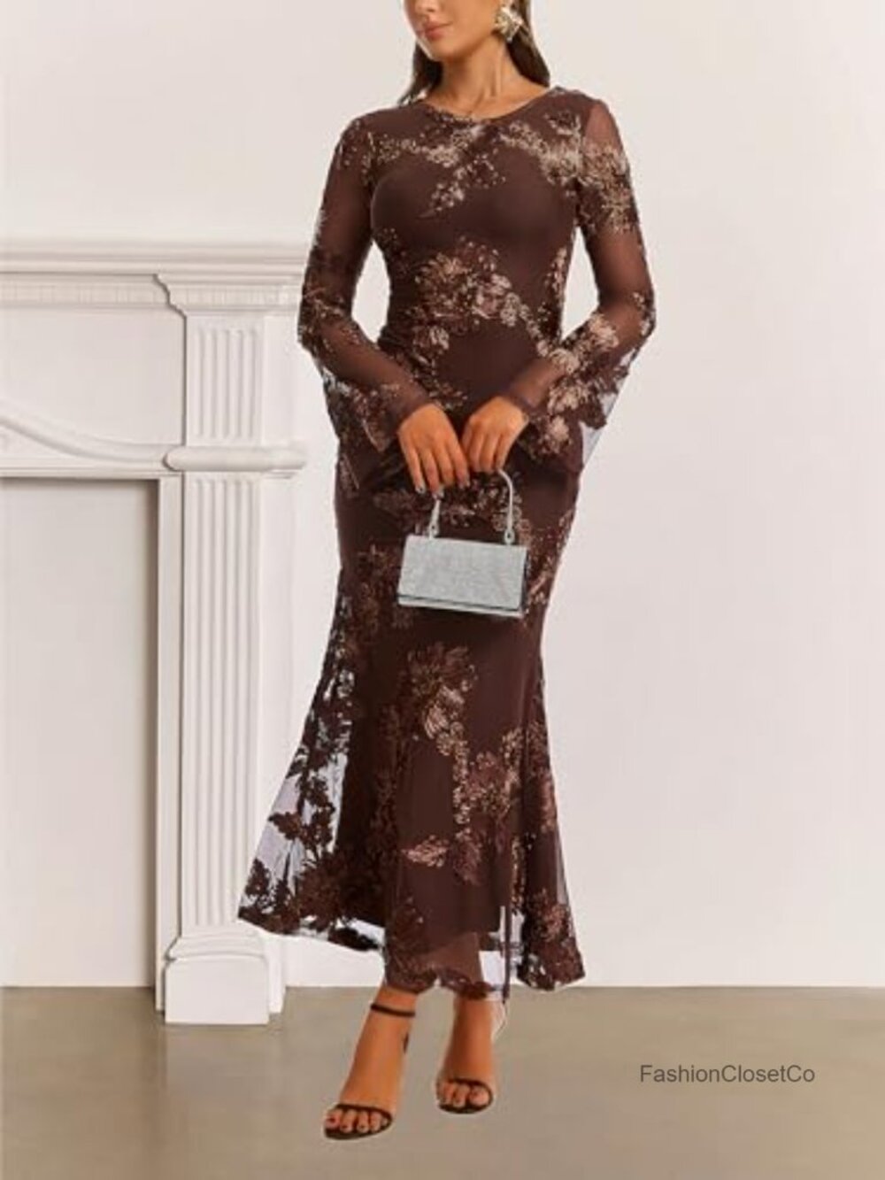 Long Sleeve Embroidered Mesh Maxi Dress Formal Wedding Guest - Picture 4 of 6
